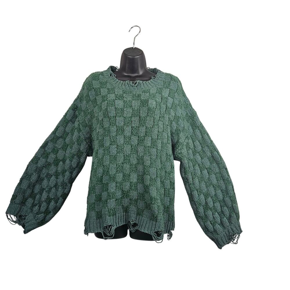 POL L Sage Green Distressed Checker Knit Sweater Oversized Grunge Forestcore